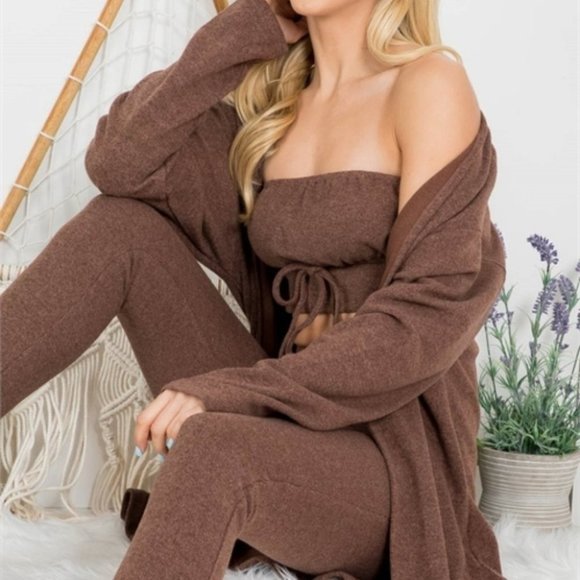 3 piece set Crop Top, Cardigan and Pant Brown - Picture 1 of 2